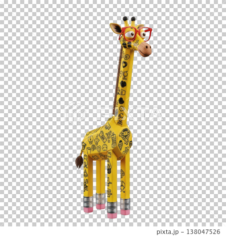 Creative giraffe character with pencil legs and school doodle patterns wearing glasses 138047526