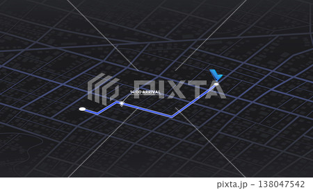 Location tracker dashboard with data of arrive time. City street road with pins on map. Isometric street roads and location, vector background. Huge city top view. 138047542
