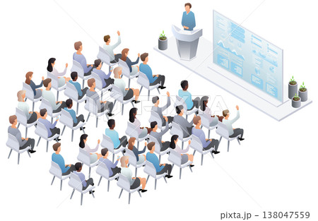 Isometric business conference meeting with speaker presenting financial strategy on screen to large audience participating in seminar. Vector illustration. Isometric business conference meeting with speaker presenting financial strategy on screen to large audience participating in seminar. Vector illustration. 138047559