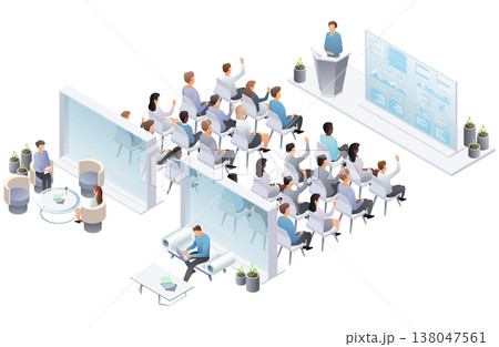 Large corporate seminar scene with speaker at podium presenting to seated audience and lounge area. Vector illustration. Large corporate seminar scene with speaker at podium presenting to seated audience and lounge area. Vector illustration. 138047561