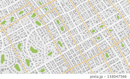 Plan with road and buildings. Abstract city maps background. Top view, view from above. Fictional district plan. Quarter residential buildings. Vector, illustration, background. 138047566