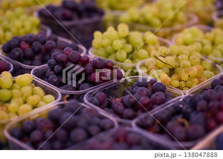 Close-up of mixed red and green grapes in plastic cartons at a farmers market display 138047888