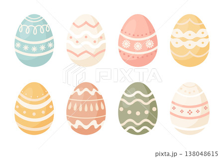 Set of cute decorated Easter eggs in pastel colors. Illustration. 138048615