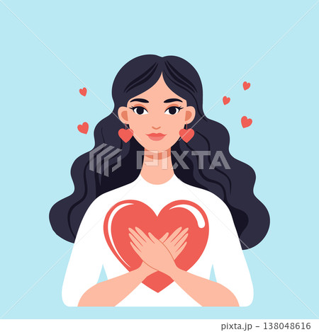 Sweet woman hugging a heart. Concept of love and care. Concept of self-love, mental health, compassion, charity, and positive emotions. Illustration. Sweet woman hugging a heart. Concept of love and care. Concept of self-love, mental health, compassion, charity, and positive emotions. Illustration. 138048616