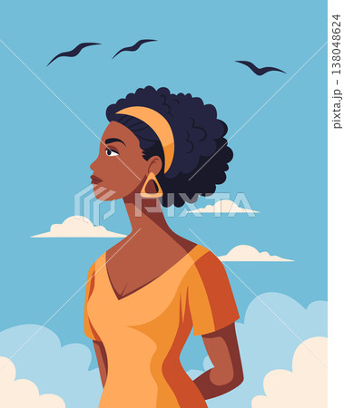 Serene black woman looking at the sky with birds. Hope, mental health, feminist concept. Serene black woman looking at the sky with birds. Hope, mental health, feminist concept. 138048624