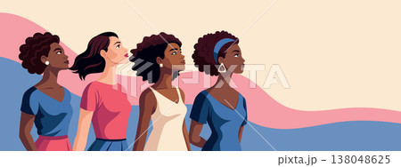 Horizontal banner with women of different nationalities looking up. Feminist, freedom concept. 138048625