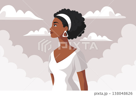 Woman looking up in a sky. Hope, mental health, Women's Day, March 8. Feminism concept. Woman looking up in a sky. Hope, mental health, Women's Day, March 8. Feminism concept. 138048626
