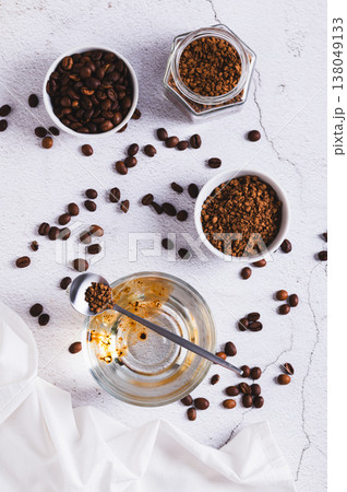 Concept of choosing between coffee beans and instant coffee top and vertical view 138049133