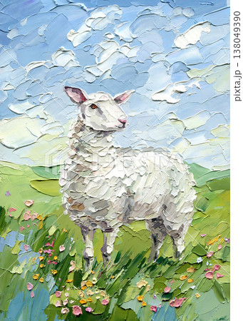 Lamb impasto spring meadow landscape with wildflowers and blue sky textured pastoral animal painting Lamb impasto spring meadow landscape with wildflowers and blue sky textured pastoral animal painting 138049390