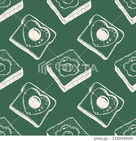 Toast and fried egg seamless pattern in vintage hand drawn style Toast and fried egg seamless pattern in vintage hand drawn style 138049604