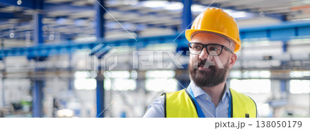 Portrait of handsome warehouse manager with safety helmet. 138050179