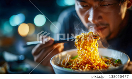 Man enjoying steaming instant noodles with chopsticks in cozy evening restaurant setting Man enjoying steaming instant noodles with chopsticks in cozy evening restaurant setting 138050477