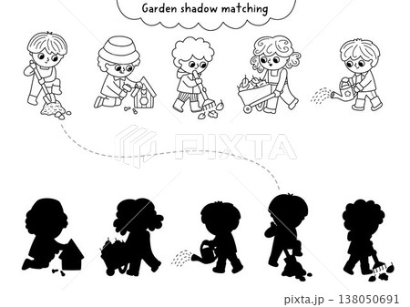 Garden black and white shadow matching activity with children gardeners. Spring line puzzle with kids, spade, watering can, rake. Find correct silhouette printable worksheet, game, coloring page 138050691