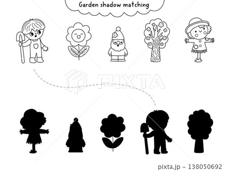 Garden black and white shadow matching activity with boy gardener, tree, flower, gnome, scarecrow. Spring line puzzle for kids. Find correct silhouette printable worksheet, game, coloring page 138050692