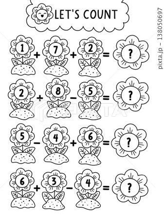 Black and white garden math game with numbers in flowers. Spring line country house math activity for preschool kids. Educational counting worksheet, coloring page with plants on flower beds Black and white garden math game with numbers in flowers. Spring line country house math activity for preschool kids. Educational counting worksheet, coloring page with plants on flower beds 138050697