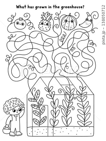 Garden black and white maze with boy, greenhouse with exotic plants. Line labyrinth game. Spring printable activity, coloring page, worksheet with gardener. What has grown in green house 138050712