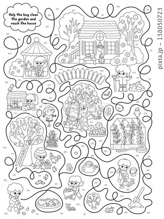Garden black and white maze for children with line nature scene, boys, girls doing gardening works. Detailed line labyrinth game, coloring page. Spring printable activity, worksheet with boy, rakes Garden black and white maze for children with line nature scene, boys, girls doing gardening works. Detailed line labyrinth game, coloring page. Spring printable activity, worksheet with boy, rakes 138050723