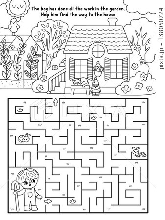 Garden black and white maze with line nature scene, tree, greenhouse. Detailed labyrinth game, coloring page. Spring country house printable activity, worksheet with gardener boy, spade Garden black and white maze with line nature scene, tree, greenhouse. Detailed labyrinth game, coloring page. Spring country house printable activity, worksheet with gardener boy, spade 138050724
