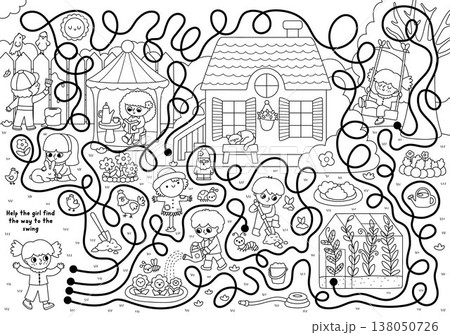 Garden black and white maze for children with line nature scene, boys and girls doing gardening works. Labyrinth game, coloring page. Spring country house printable activity, worksheet with girl, Garden black and white maze for children with line nature scene, boys and girls doing gardening works. Labyrinth game, coloring page. Spring country house printable activity, worksheet with girl, 138050726