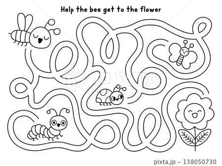 Garden black and white maze with bee flying to flower. Simple line labyrinth game with insects. Spring country house printable activity, worksheet, coloring page with bumblebee, caterpillar, ladybird 138050730