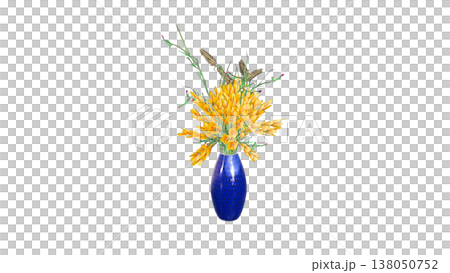 一幅3D插圖，描繪了藍色花瓶中的黃色花朵。 138050752