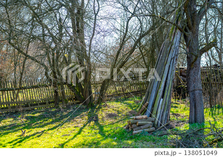 Stacked wooden boards leaning against tree in old garden, rustic rural scene, concept of self sufficiency, manual work and traditional countryside lifestyle Stacked wooden boards leaning against tree in old garden, rustic rural scene, concept of self sufficiency, manual work and traditional countryside lifestyle 138051049