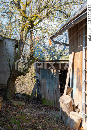 Old wooden shed with stacked firewood and tree in rural garden, rustic outdoor scene, concept of simple living, manual work and traditional countryside lifestyle Old wooden shed with stacked firewood and tree in rural garden, rustic outdoor scene, concept of simple living, manual work and traditional countryside lifestyle 138051056