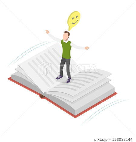 3D Isometric Flat Vector Illustration of Book Reading, Couple Soaring Above On Books Above The Clouds. Item 2 138052144