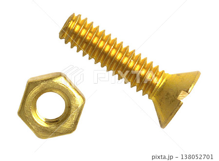 Brass Bolt and Nut Set isolated on a white background 138052701