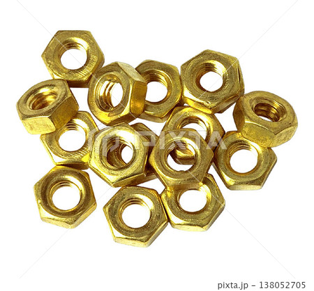 Collection of Brass Hexagonal Nuts Hardware isolated on a white background 138052705