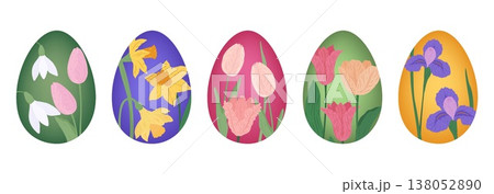 Set of five colorful Easter eggs with spring flowers: tulips, daffodils, snowdrops, irises. Flat botanical illustration, holiday clipart for card, print, design. Set of five colorful Easter eggs with spring flowers: tulips, daffodils, snowdrops, irises. Flat botanical illustration, holiday clipart for card, print, design. 138052890