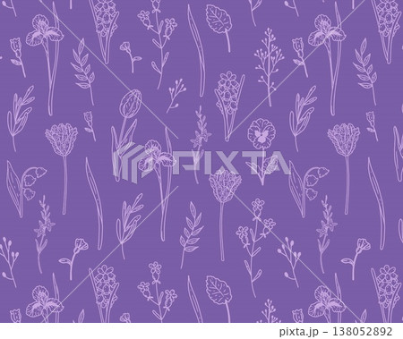 Seamless monochrome pattern with hand drawn spring flowers on purple background. Line art botanical elements: tulip, iris, hyacinth, peony, lily of the valley, lavender, leaves. Seamless monochrome pattern with hand drawn spring flowers on purple background. Line art botanical elements: tulip, iris, hyacinth, peony, lily of the valley, lavender, leaves. 138052892