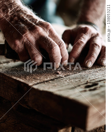 Upcycled furniture diy project showing skilled hands sanding reclaimed wood for creative home decor idea with rustic charm and sustainable craftsmanship 138053211