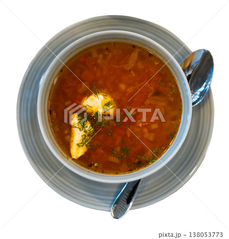 Borscht - beetroot hot soup on the table in cafe Borscht - beetroot hot soup on the table in cafe 138053773