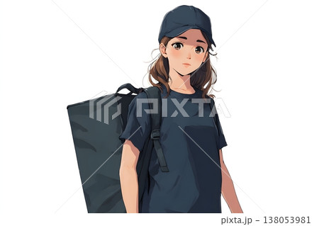 配達バッグを背負いデリバリー業務を行う若い日本人女性のイラスト。フードデリバリー、副業、ギグワーク、 138053981