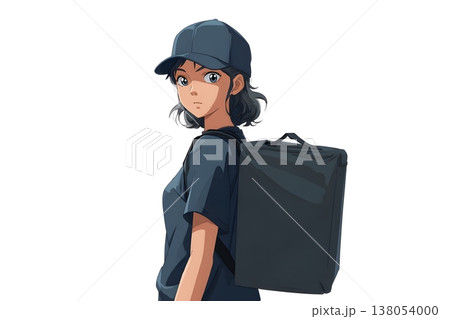 配達バッグを背負いデリバリー業務を行う若い日本人女性のイラスト。フードデリバリー、副業、ギグワーク、 138054000