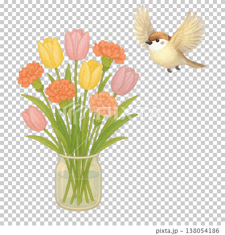 設計簡潔，以鬱金香和鳥兒為主題；白色背景上展現了自然的春日花卉圖案。 138054186