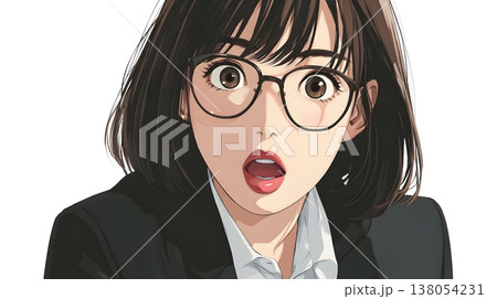 驚くメガネをかけた若いビジネスウーマンの表情セット　ショック・発見・ひらめき　白背景　コピースペース 138054231