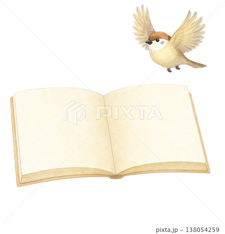 開いた本と小鳥のシンプル素材 読書イメージ ナチュラルな野鳥イラスト 白背景 138054259