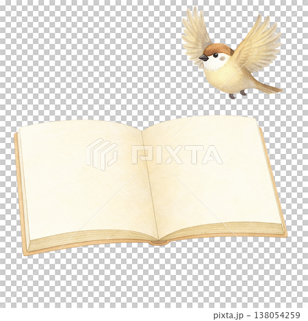 開いた本と小鳥のシンプル素材 読書イメージ ナチュラルな野鳥イラスト 白背景 138054259