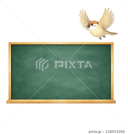 黒板と小鳥のシンプル素材 教育とナチュラルイメージ 学校イラスト 白背景 138054260