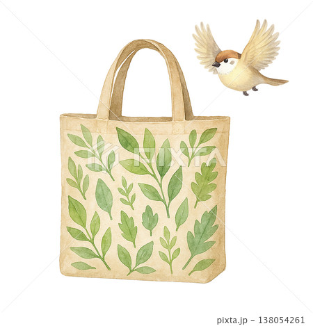 エコバッグと小鳥のシンプル素材 ナチュラルライフスタイルイメージ 白背景 138054261