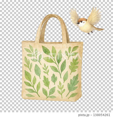 エコバッグと小鳥のシンプル素材 ナチュラルライフスタイルイメージ 白背景 138054261