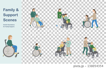 父母和孩子使用輪椅或嬰兒車的插圖。 父母和孩子使用輪椅或嬰兒車的插圖。 138054354