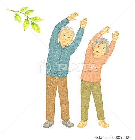 体操する高齢者と新緑の葉のシンプル素材 健康ナチュラルイメージ 白背景 138054426