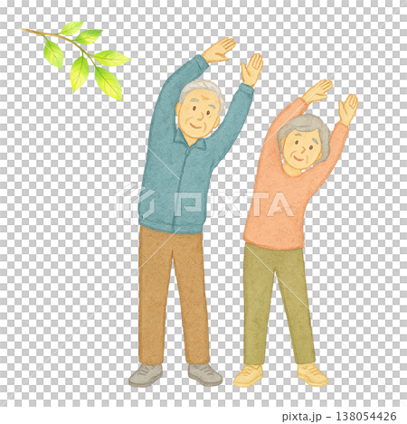 体操する高齢者と新緑の葉のシンプル素材 健康ナチュラルイメージ 白背景 138054426