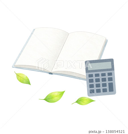 本と電卓と新緑の葉のシンプル素材 学習と会計イメージ ナチュラル 白背景 138054521