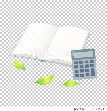 本と電卓と新緑の葉のシンプル素材 学習と会計イメージ ナチュラル 白背景 138054521