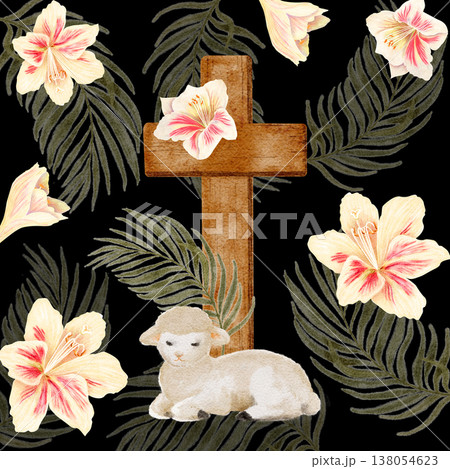 Seamless pattern with cross, lamb, palm leaves, lilies, hand-painted watercolor on black, Christian composition for Easter design, faith branding, textiles, packaging, stationery, seasonal background 138054623