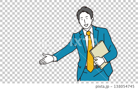 Illustration of a male businessman giving directions 138054745